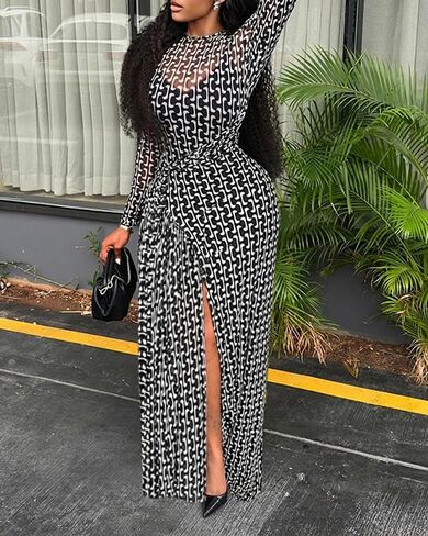 CHICME Long Sleeve Maxi Dress for Women 2026 Wedding Guest Dress Sheer Mesh Floral Print Tie Waist 2 Pieces Outfit in Saudi Arabia