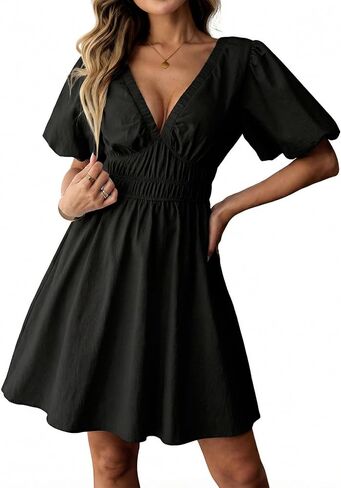 Amoretu Women's Summer Cotton Dresses Sexy Deep V Neck Puff Short Sleeve A-Line Mini Dress with Pockets in Saudi Arabia