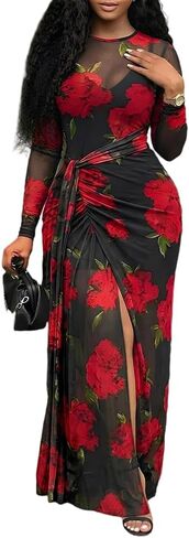 CHICME Long Sleeve Maxi Dress for Women 2026 Wedding Guest Dress Sheer Mesh Floral Print Tie Waist 2 Pieces Outfit in Saudi Arabia