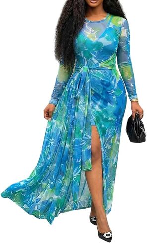 CHICME Long Sleeve Maxi Dress for Women 2026 Wedding Guest Dress Sheer Mesh Floral Print Tie Waist 2 Pieces Outfit in Saudi Arabia
