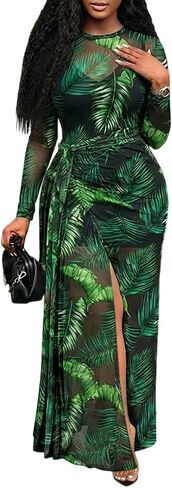 CHICME Long Sleeve Maxi Dress for Women 2026 Wedding Guest Dress Sheer Mesh Floral Print Tie Waist 2 Pieces Outfit in Saudi Arabia