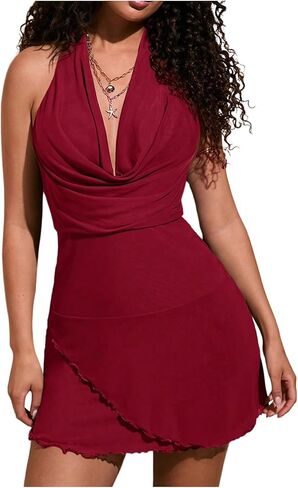 فساتين SweatyRocks النسائية القصيرة ذات الرسن مثير شبكية رقبة متدلية بدون ظهر Bodycon حفلة عيد الحب فستان النادي in Saudi Arabia