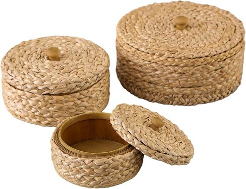 SOFE Round Rattan Storage Boxes with Lids Set of 3, Handwoven Wicker Basket, Small Baskets for Shelves, Boho Organizer Desk, Living Room Home Decoration in Saudi Arabia