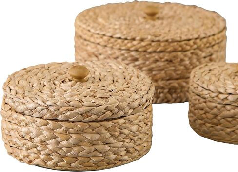 SOFE Round Rattan Storage Boxes with Lids Set of 3, Handwoven Wicker Basket, Small Baskets for Shelves, Boho Organizer Desk, Living Room Home Decoration in Saudi Arabia