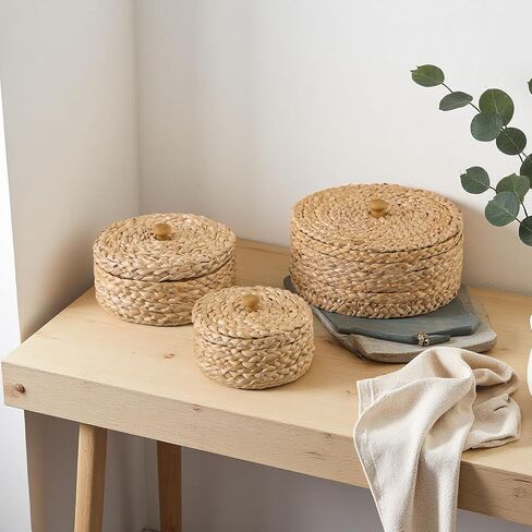 SOFE Round Rattan Storage Boxes with Lids Set of 3, Handwoven Wicker Basket, Small Baskets for Shelves, Boho Organizer Desk, Living Room Home Decoration in Saudi Arabia