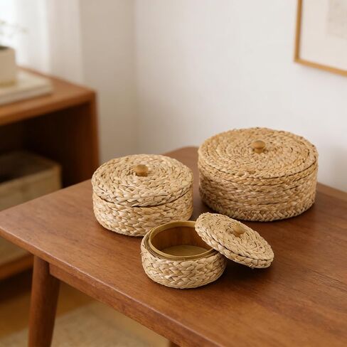 SOFE Round Rattan Storage Boxes with Lids Set of 3, Handwoven Wicker Basket, Small Baskets for Shelves, Boho Organizer Desk, Living Room Home Decoration in Saudi Arabia
