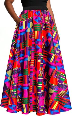 سينونو داشيكي الأفريقية طباعة المرأة ماكسي ألف خط تنورة طويلة مرونة عالية الخصر التنانير الانسيابية مع جيوب نمط العرقية in Kuwait