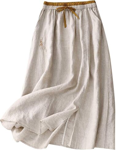 Women's Fall Skirt High Waisted A-Line Midi Skirts Loose Fit Casual Cotton Linen Vintage Below The Knee Skirts in Saudi Arabia