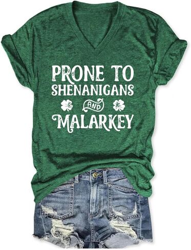 St Patricks Day Shirt Women V Neck Prone to Shenanigans and Malarkey T-Shirts St. Patrick's Day Funny Tee Tops in Saudi Arabia