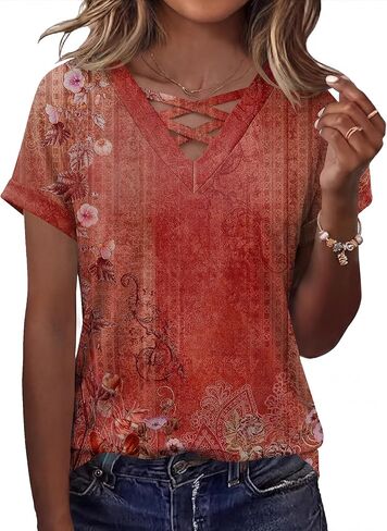Rapbin Short Sleeve Shirts for Women Spring Tops for Women 2026 V Neck Criss Cross Tees Womens Summer Tops in Saudi Arabia