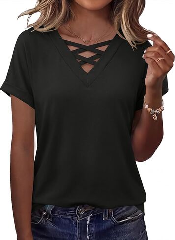 Rapbin Short Sleeve Shirts for Women Spring Tops for Women 2026 V Neck Criss Cross Tees Womens Summer Tops in Saudi Arabia