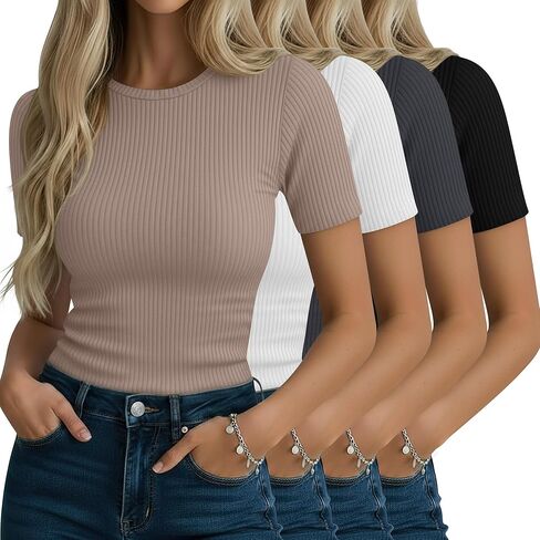 Neer 4 Pack Women's Short Sleeve T-Shirts Cotton Slim Fitted Ribbed Tops Crew Neck Summer Casual Shirt Basic Tight Tees 2026 in Kuwait