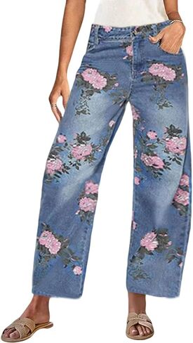 loveimgs Women Boyfriend Floral Print Baggy Barrel Jeans Cargo Denim Pants Y2k Patchwork Mid Rise Printed Wide Leg Sweatpants in Saudi Arabia