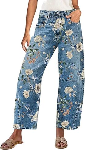 loveimgs Women Boyfriend Floral Print Baggy Barrel Jeans Cargo Denim Pants Y2k Patchwork Mid Rise Printed Wide Leg Sweatpants in Saudi Arabia