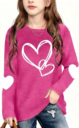 Kids Valentine Shirt Girls Valentines Day Shirts Cute Love Heart Long Sleeve Shirt Valentines Day Tops 5-14y in Saudi Arabia