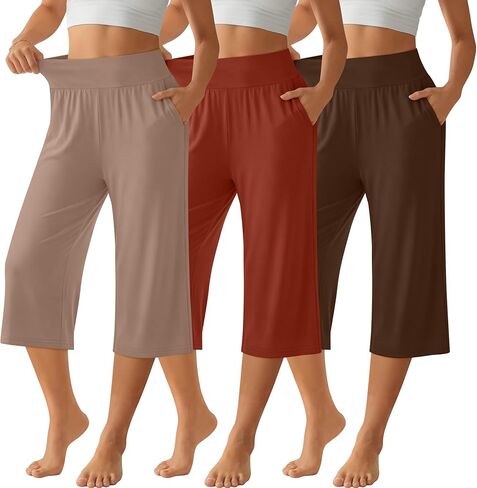 Neer 3 Pack Women Capri Pants, Wide Leg High Waist Crop Lounge Sweatpants Summer Casual Workout Pants with Pocket in Saudi Arabia