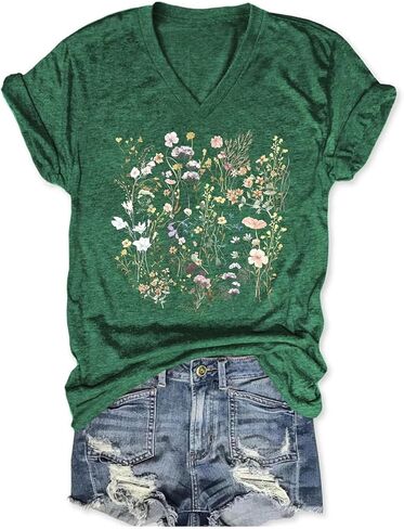 Womens Graphic T Shirts Boho Wildflower Shirts Vintage Floral Printed Tees Short Sleeve Gardening V Neck Tees in Saudi Arabia