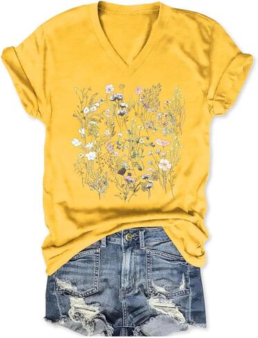 Womens Graphic T Shirts Boho Wildflower Shirts Vintage Floral Printed Tees Short Sleeve Gardening V Neck Tees in Saudi Arabia