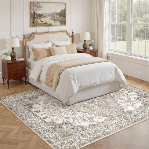 5x7 Washable Area Rugs for Living Room: Non Slip Vintage Brown Rug, Large Soft Stain Resistant Indoor Floor Carpets for Bedroom Dining Room Farmhouse Nursery Home Office Kid & Pet Friendly in Saudi Arabia