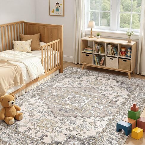 5x7 Washable Area Rugs for Living Room: Non Slip Vintage Brown Rug, Large Soft Stain Resistant Indoor Floor Carpets for Bedroom Dining Room Farmhouse Nursery Home Office Kid & Pet Friendly in Saudi Arabia