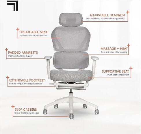 Living Style S-850 Heated Ergonomic Mesh Swivel Executive Massage Chair, Light Gray/White in Saudi Arabia