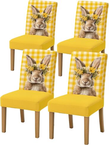 Set of 4 Dining Chair Slipcovers 15.75 x 19.69 Inch Yellow Gingham Bunny Floral Pattern Decorative Chair Back Covers for Kitchen Dining Room Cheerful Home Seating Decor in Saudi Arabia