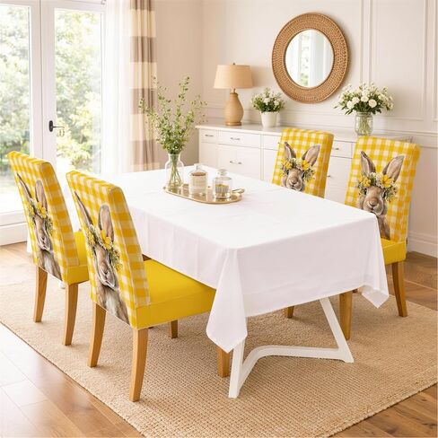 Set of 4 Dining Chair Slipcovers 15.75 x 19.69 Inch Yellow Gingham Bunny Floral Pattern Decorative Chair Back Covers for Kitchen Dining Room Cheerful Home Seating Decor in Saudi Arabia