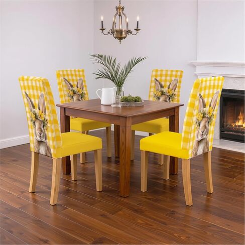 Set of 4 Dining Chair Slipcovers 15.75 x 19.69 Inch Yellow Gingham Bunny Floral Pattern Decorative Chair Back Covers for Kitchen Dining Room Cheerful Home Seating Decor in Saudi Arabia