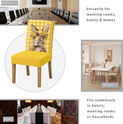 Set of 4 Dining Chair Slipcovers 15.75 x 19.69 Inch Yellow Gingham Bunny Floral Pattern Decorative Chair Back Covers for Kitchen Dining Room Cheerful Home Seating Decor in Saudi Arabia