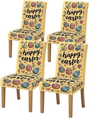 Set of 4 Dining Chair Slipcovers 15.75 x 19.69 Inch Yellow Gingham Bunny Floral Pattern Decorative Chair Back Covers for Kitchen Dining Room Cheerful Home Seating Decor in Saudi Arabia