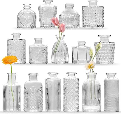 مجموعة مزهرية برعم ملونة 15 قطعة، مزهريات زجاجية عتيقة لقطع الزهور المركزية لديكور حفلات الزفاف والحفلات، ديكورات طاولات المنزل، مزهريات برعم بكميات كبيرة للتدفئة بالمنزل الجديد in Kuwait