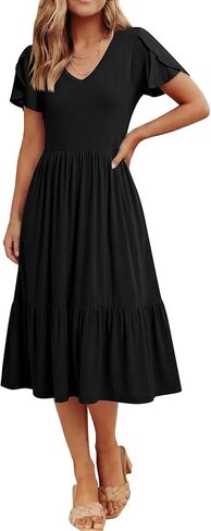 ANRABESS Womens Summer Midi Dresses Casual V Neck Short Sleeve A Line Floral Flowy Tiered Beach Vacation Dress with Pockets in Saudi Arabia