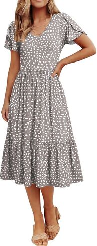 ANRABESS Womens Summer Midi Dresses Casual V Neck Short Sleeve A Line Floral Flowy Tiered Beach Vacation Dress with Pockets in Saudi Arabia