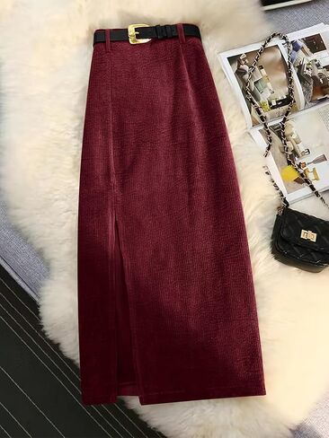 Women's Wine red Skirt - Corduroy Fabric, Side Slit mid-Length Fashionable Style in Saudi Arabia