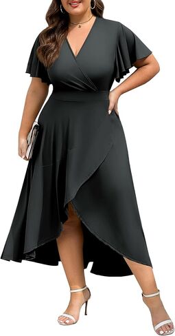 فستان نسائي طويل مقاس كبير مكشكش وأكمام قصيرة أنيق ورقبة على شكل حرف V فستان طويل بفتحة عالية ومنخفضة in Kuwait