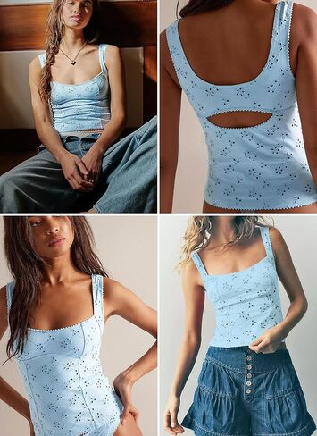 AGSEEM Open Back Eyelet Tank Top for Women Square Neck Y2K Slim Fit Backless Tops Picot Trim Camisole Tight Shirts 2026 in Kuwait