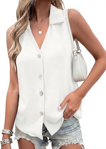 Vrtige Women's Collar V Neck Button Down Sleeveless Business Blouse Shirt Tank Top in Saudi Arabia
