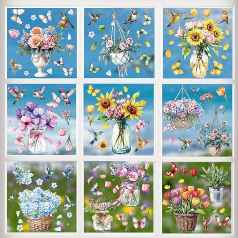 9 Sheets Spring Window Clings Stickers - 109 Pcs Flower Butterfly Bird Decals for Window Glass Decoration Spring Party in Saudi Arabia