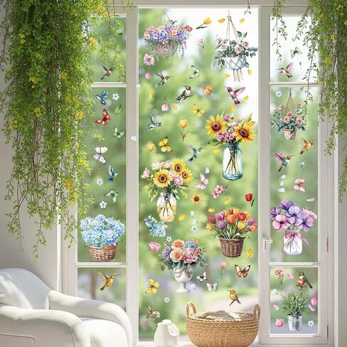 9 Sheets Spring Window Clings Stickers - 109 Pcs Flower Butterfly Bird Decals for Window Glass Decoration Spring Party in Saudi Arabia