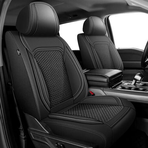 لأغطية مقاعد Ford F150 2009-2024 2025 2026 & F250 F350 F450 2017-2026 جلد حرير ثلجي مسامي وواقي مقعد مقاوم للماء (مجموعة كاملة/أسود وبيج) in Kuwait