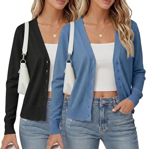 Simlakey 2 pcs Women's Cropped Cardigan Shrug Fall Long Sleeve V Neck Lightweight Knit for Jeans Dresses, S to L in Saudi Arabia
