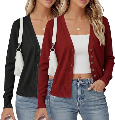 Simlakey 2 pcs Women's Cropped Cardigan Shrug Fall Long Sleeve V Neck Lightweight Knit for Jeans Dresses, S to L in Saudi Arabia