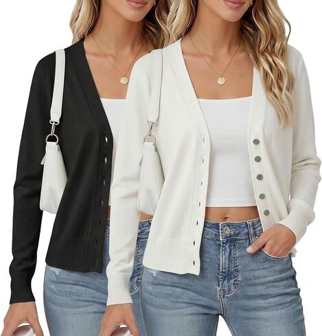 Simlakey 2 pcs Women's Cropped Cardigan Shrug Fall Long Sleeve V Neck Lightweight Knit for Jeans Dresses, S to L in Saudi Arabia