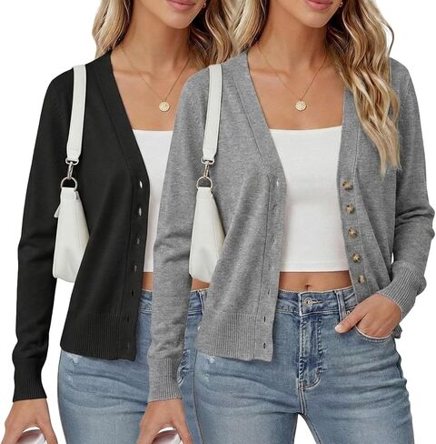 Simlakey 2 pcs Women's Cropped Cardigan Shrug Fall Long Sleeve V Neck Lightweight Knit for Jeans Dresses, S to L in Saudi Arabia