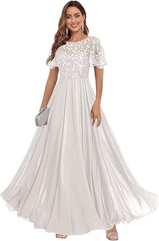 Fu Jiang Short Sleeve Sequin Mother of The Bride Dresses Chiffon A Line Pleated Long Formal Evening Dress with Pockets in Saudi Arabia