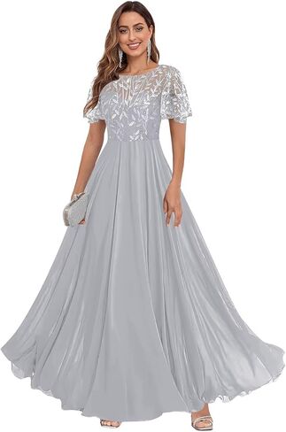Fu Jiang Short Sleeve Sequin Mother of The Bride Dresses Chiffon A Line Pleated Long Formal Evening Dress with Pockets in Saudi Arabia