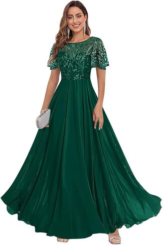 Fu Jiang Short Sleeve Sequin Mother of The Bride Dresses Chiffon A Line Pleated Long Formal Evening Dress with Pockets in Saudi Arabia