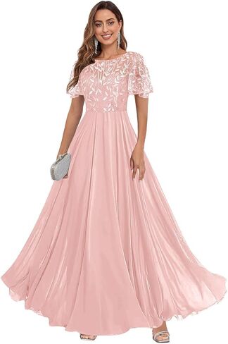 Fu Jiang Short Sleeve Sequin Mother of The Bride Dresses Chiffon A Line Pleated Long Formal Evening Dress with Pockets in Saudi Arabia