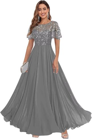 Fu Jiang Short Sleeve Sequin Mother of The Bride Dresses Chiffon A Line Pleated Long Formal Evening Dress with Pockets in Saudi Arabia