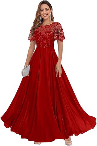 Fu Jiang Short Sleeve Sequin Mother of The Bride Dresses Chiffon A Line Pleated Long Formal Evening Dress with Pockets in Saudi Arabia